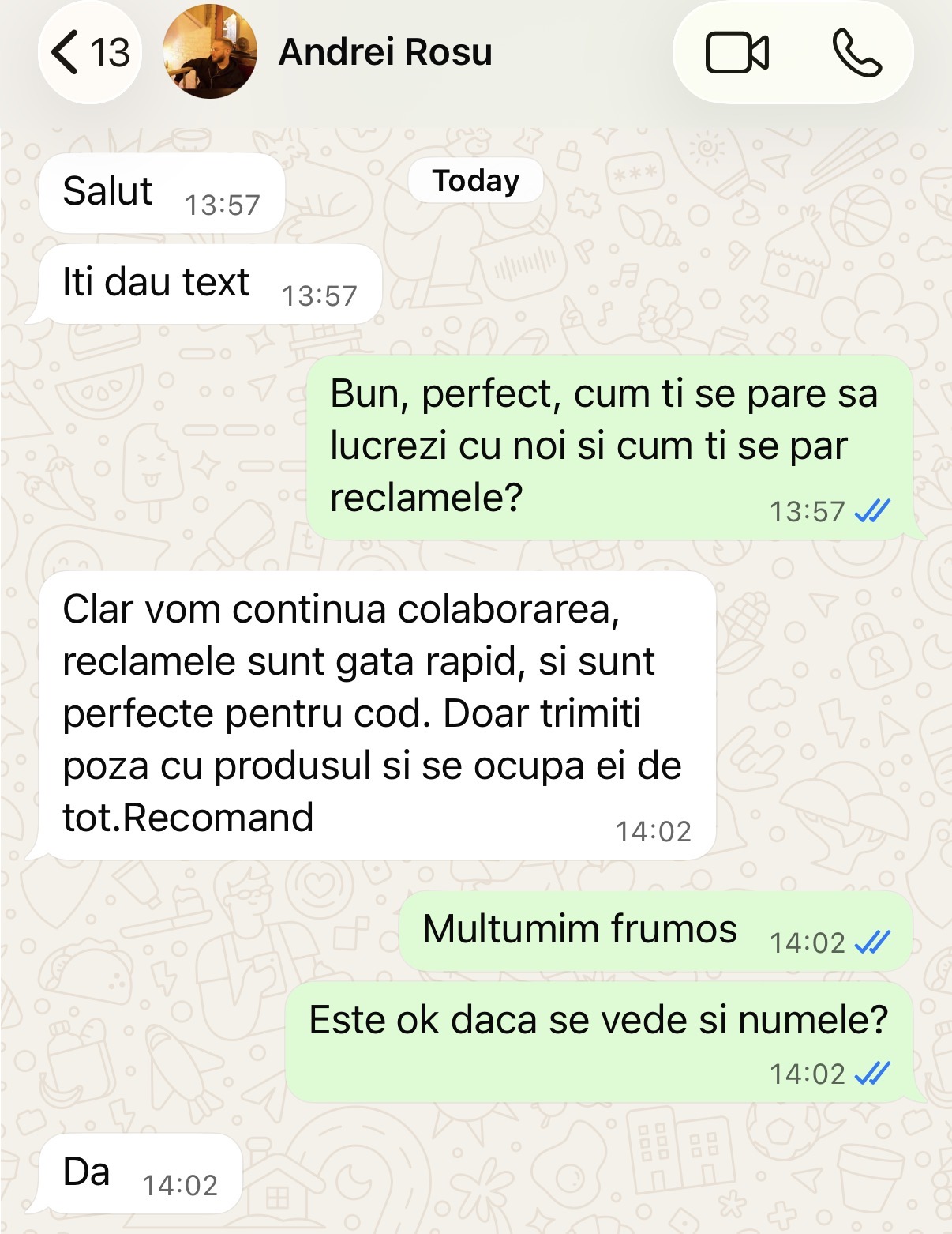 Recenzie de la Andrei Rosu, pe Instagram: reclamele sunt gata rapid și sunt perfecte pentru COD, recomandă colaborarea